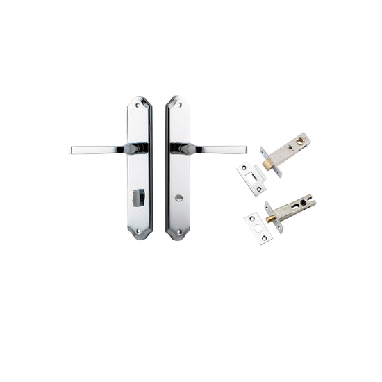 Door Lever Annecy Shouldered Privacy Polished Chrome CTC85mm H240xW50xP65mm Inbuilt Privacy Kit, Tube Latch Split Cam 'T' Striker Polished Chrome Backset 60mm, Privacy Bolt Round Bolt Polished Chrome Backset 60mm in Polished Chrome