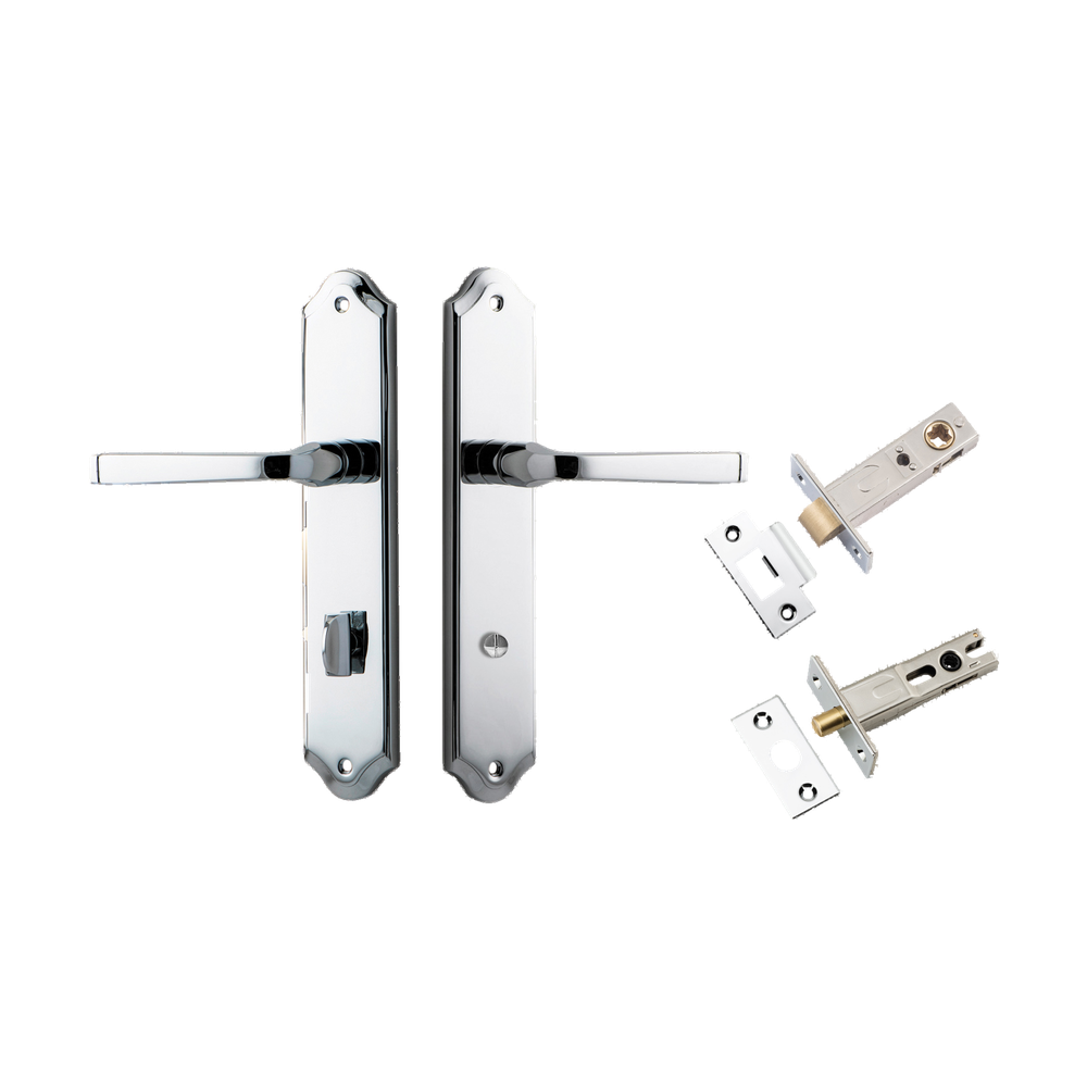 Door Lever Annecy Shouldered Privacy Polished Chrome CTC85mm H240xW50xP65mm Inbuilt Privacy Kit Tube Latch Split Cam 'T' Striker Polished Chrome Backset 60mm, Privacy Bolt Round Bolt Polished Chrome Backset 60mm in Polished Chrome