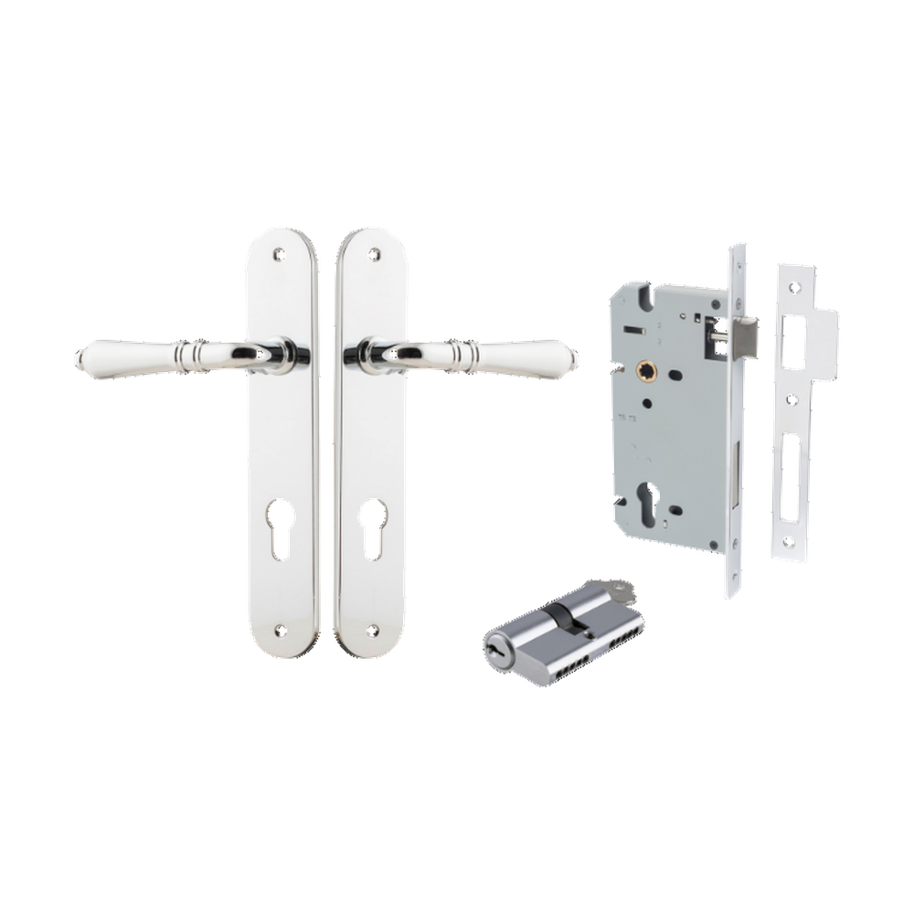 Door Lever Sarlat Oval Euro Polished Chrome CTC85mm H240xW40xP55mm Entrance Kit Mortice Lock Euro Polished Chrome CTC85mm Backset 60mm, Euro Cylinder Dual Function 5 Pin Polished Chrome L65mm KA1 in Polished Chrome