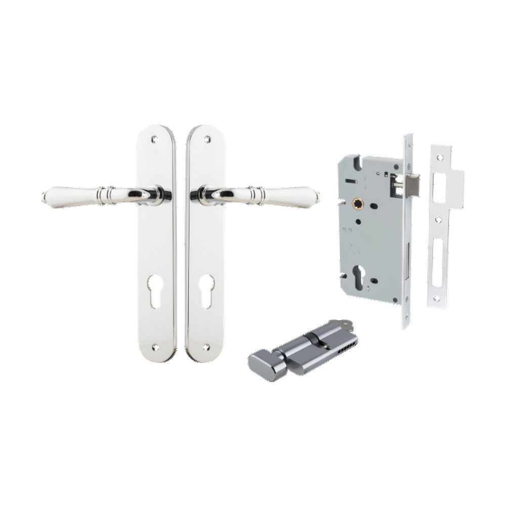 Door Lever Sarlat Oval Euro Polished Chrome CTC85mm H240xW40xP55mm Entrance Kit Mortice Lock Euro Polished Chrome CTC85mm Backset 60mm, Euro Cylinder Key Thumb 6 Pin Polished Chrome L70mm KA1 in Polished Chrome