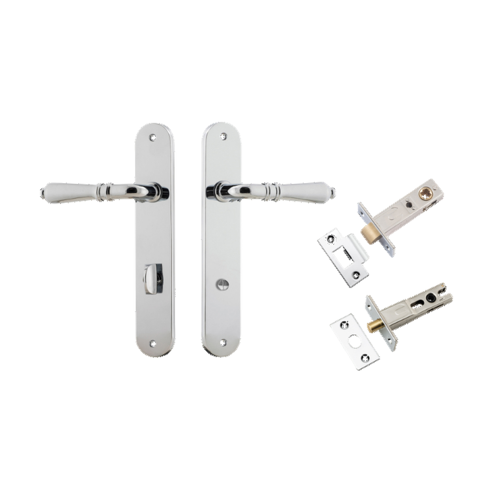 Door Lever Sarlat Oval Privacy Polished Chrome CTC85mm H240xW40xP55mm Privacy Kit Tube Latch Split Cam 'T' Striker Polished Chrome Backset 60mm, Privacy Bolt Round Bolt Polished Chrome Backset 60mm in Polished Chrome