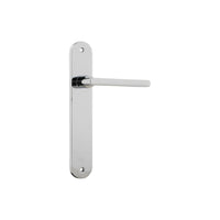 Pair of Iver Baltimore lever door handles on oval backplates, featuring a sleek modern design in a satin finish.