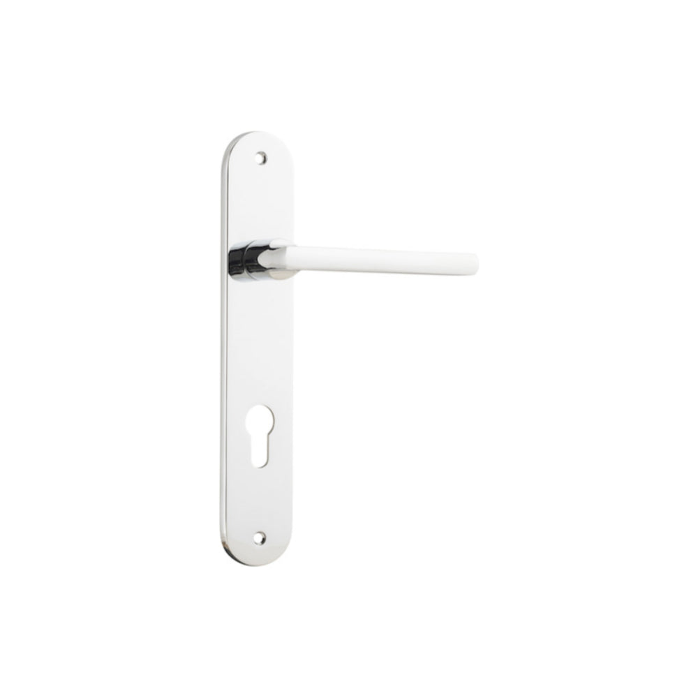 Pair of Iver Baltimore lever door handles with oval backplates, featuring a sleek, modern design in a durable finish.