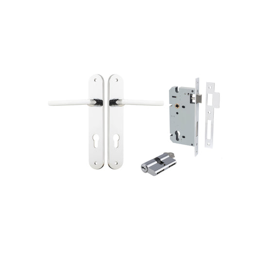 Door Lever Baltimore Oval Euro Polished Chrome CTC85mm H240xW40xP55mm Entrance Kit Mortice Lock Euro Polished Chrome CTC85mm Backset 60mm, Euro Cylinder Dual Function 5 Pin Polished Chrome L65mm KA1 in Polished Chrome