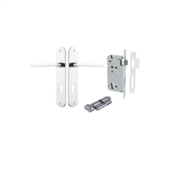 Door Lever Baltimore Oval Euro Polished Chrome CTC85mm H240xW40xP55mm Entrance Kit Mortice Lock Euro Polished Chrome CTC85mm Backset 60mm, Euro Cylinder Key Thumb 6 Pin Polished Chrome L70mm KA1 in Polished Chrome