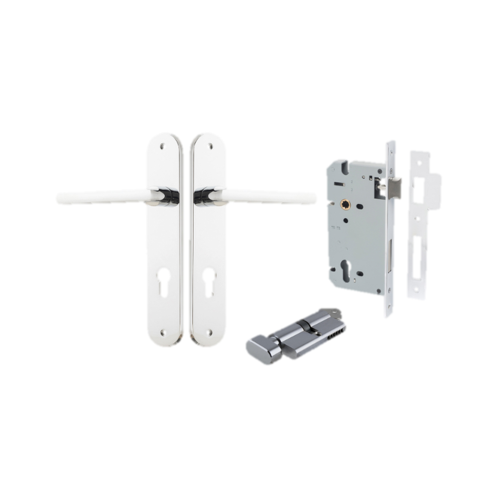 Door Lever Baltimore Oval Euro Polished Chrome CTC85mm H240xW40xP55mm Entrance Kit Mortice Lock Euro Polished Chrome CTC85mm Backset 60mm, Euro Cylinder Key Thumb 6 Pin Polished Chrome L70mm KA1 in Polished Chrome
