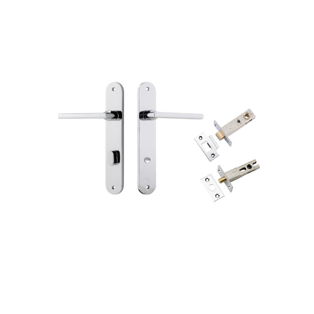 Pair of Iver Baltimore lever door handles with oval backplates, featuring a sleek, modern design in a polished finish.