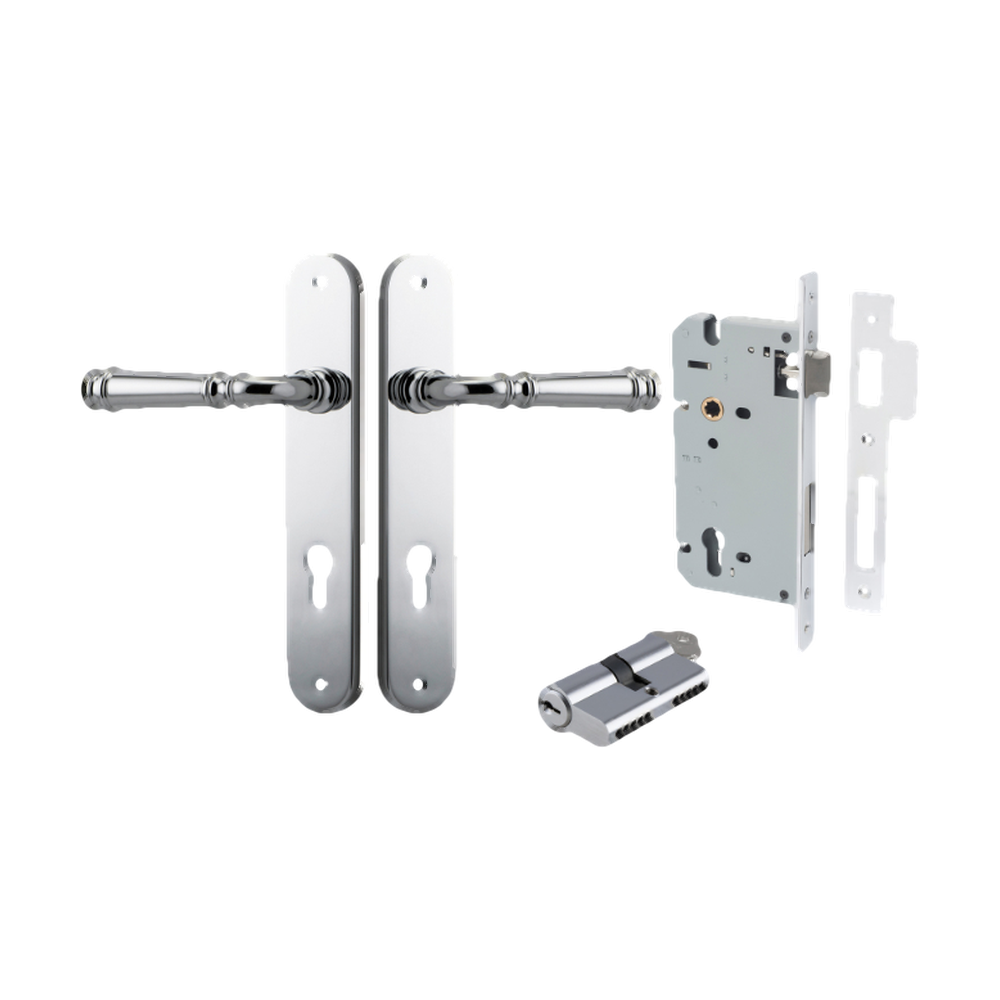 Door Lever Verona Oval Euro Polished Chrome CTC85mm H240xW40xP59mm Entrance Kit Mortice Lock Euro Polished Chrome CTC85mm Backset 60mm, Euro Cylinder Dual Function 5 Pin Polished Chrome L65mm KA1 in Polished Chrome