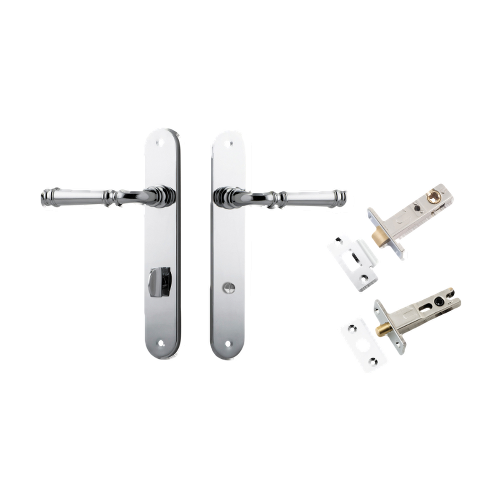 Door Lever Verona Oval Privacy Polished Chrome CTC85mm H240xW40xP59mm Inbuilt Privacy Kit Tube Latch Split Cam 'T' Striker Polished Chrome Backset 60mm, Privacy Bolt Round Bolt Polished Chrome Backset 60mm in Polished Chrome