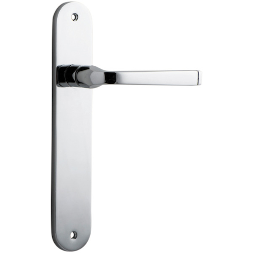 Pair of Iver Annecy lever handles on oval backplates, featuring polished metal finish, suitable for door hardware.