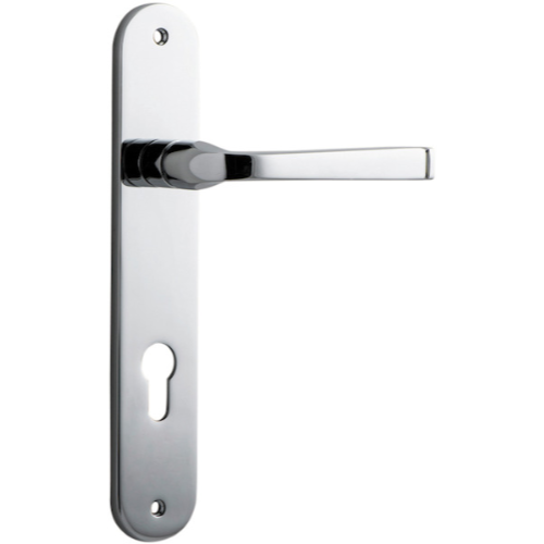 Pair of Iver Annecy lever handles on oval backplates, showcasing elegant brushed nickel finish and modern hardware design.