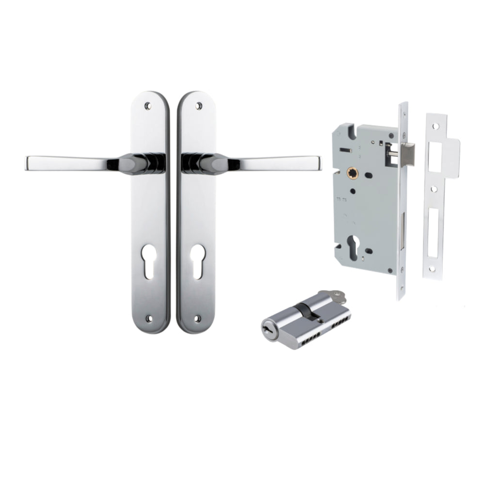 Door Lever Annecy Oval Euro Polished Chrome CTC85mm H240xW40xP62mm Entrance Kit, Mortice Lock Euro Polished Chrome CTC85mm Backset 60mm, Euro Cylinder Dual Function 5 Pin Polished Chrome L65mm KA1 in Polished Chrome