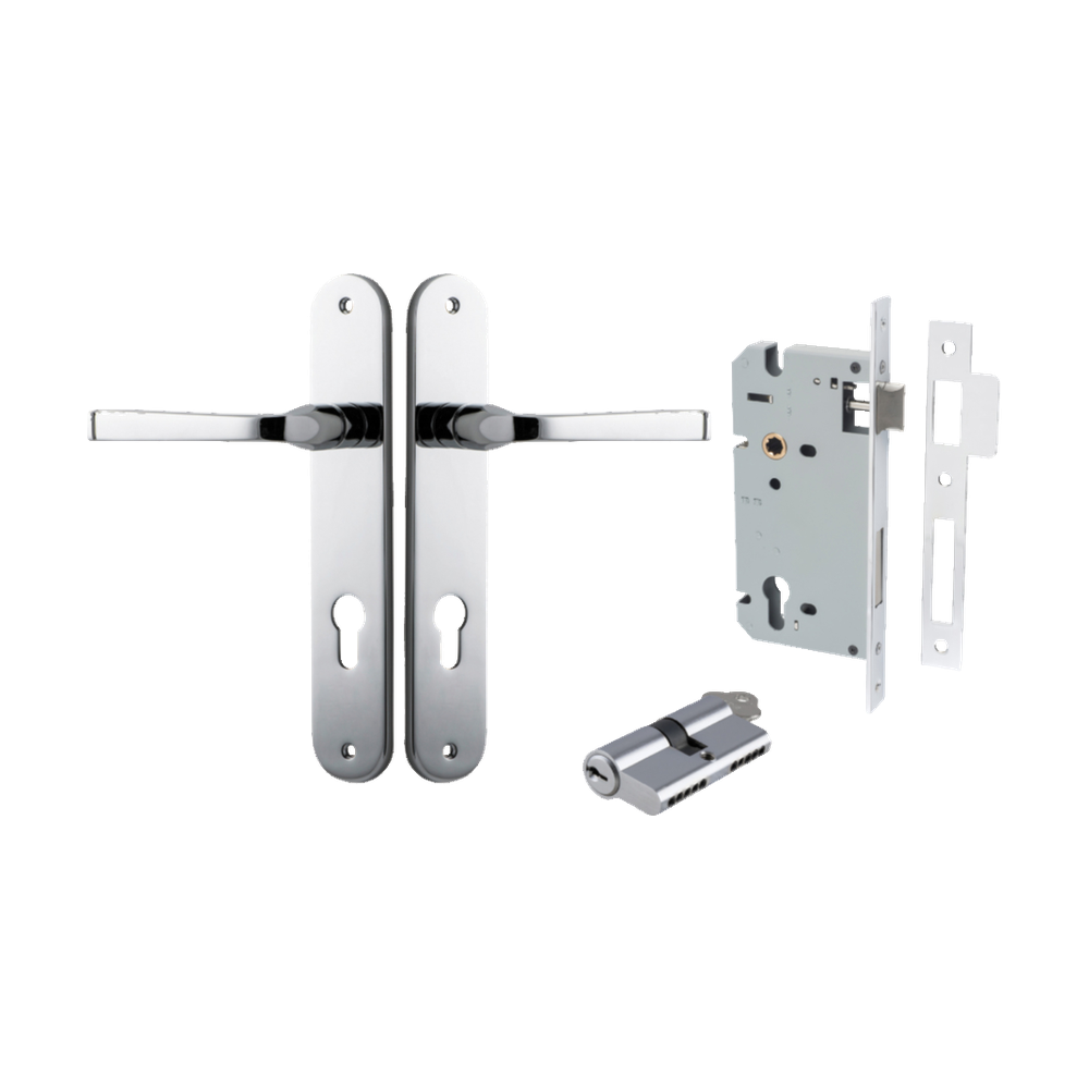 Door Lever Annecy Oval Euro Polished Chrome CTC85mm H240xW40xP62mm Entrance Kit Mortice Lock Euro Polished Chrome CTC85mm Backset 60mm, Euro Cylinder Dual Function 5 Pin Polished Chrome L65mm KA1 in Polished Chrome