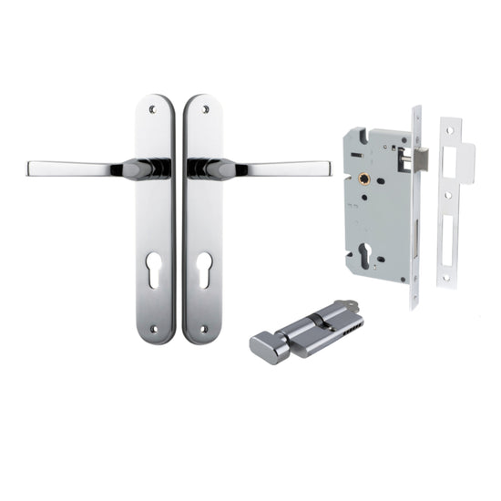 Door Lever Annecy Oval Euro Polished Chrome CTC85mm H240xW40xP62mm Entrance Kit, Mortice Lock Euro Polished Chrome CTC85mm Backset 60mm, Euro Cylinder Key Thumb 6 Pin Polished Chrome L70mm KA1 in Polished Chrome
