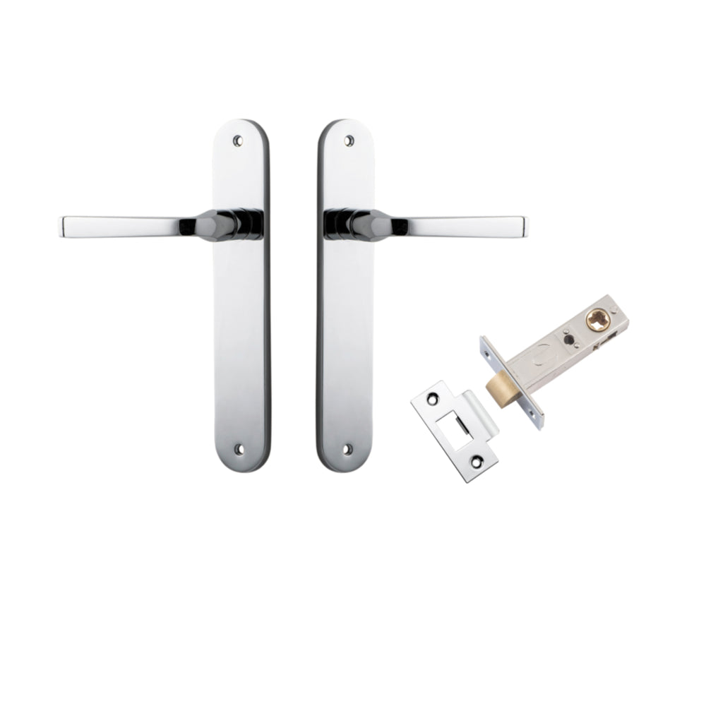 Door Lever Annecy Oval Latch Polished Chrome H240xW40xP62mm Passage Kit, Tube Latch Split Cam 'T' Striker Polished Chrome Backset 60mm in Polished Chrome
