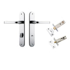 Pair of Iver Annecy lever handles on oval backplates, modern designer door hardware in polished finish