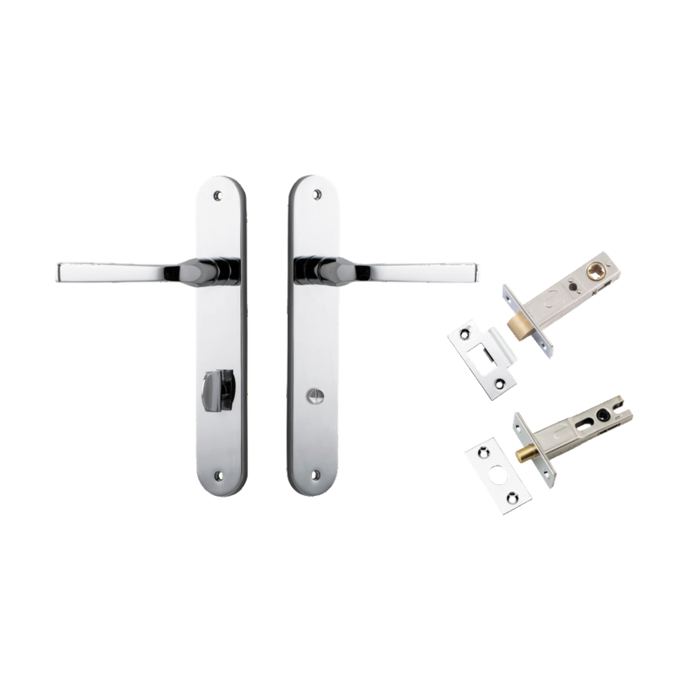 Door Lever Annecy Oval Privacy Polished Chrome CTC85mm H240xW40xP62mm Inbuilt Privacy Kit Tube Latch Split Cam 'T' Striker Polished Chrome Backset 60mm, Privacy Bolt Round Bolt Polished Chrome Backset 60mm in Polished Chrome