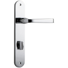 Pair of Iver Annecy lever door handles on oval backplates, polished metal finish, showcasing elegant, modern design.