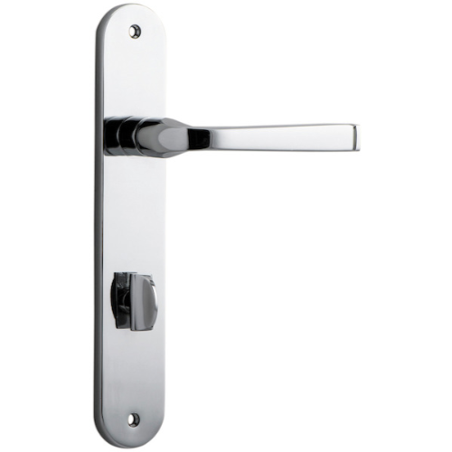 Pair of Iver Annecy lever door handles on oval backplates, polished metal finish, showcasing elegant, modern design.