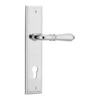 Pair of Iver Sarlat lever handles on stepped backplates, with polished metal finish, designed for interior doors.