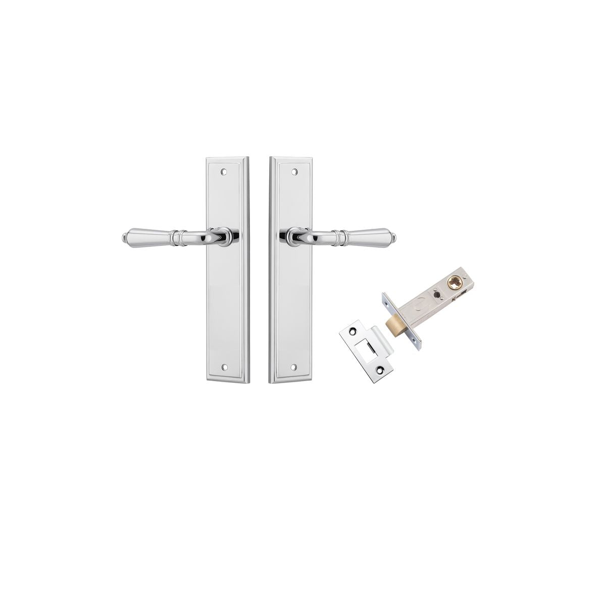 Pair of Iver Sarlat lever handles on stepped backplates, featuring elegant design and polished finish for interior doors.