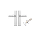 Pair of Iver Sarlat lever handles on stepped backplates, featuring elegant design and polished finish for interior doors.