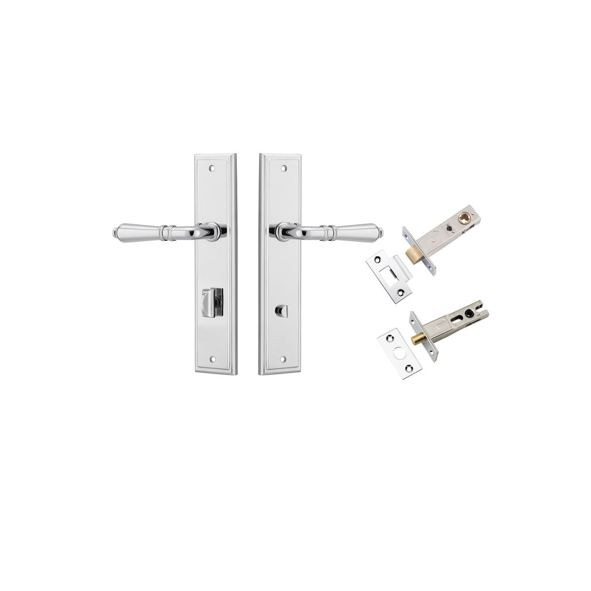 Pair of Iver Sarlat lever handles on stepped backplates, featuring elegant design and polished finish for doors.