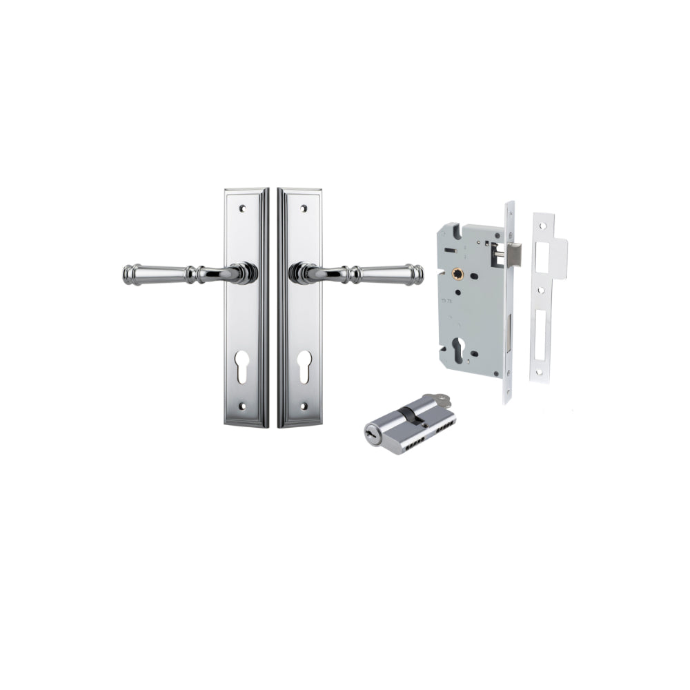 Door Lever Verona Stepped Euro Polished Chrome CTC85mm H240xW50xP59mm Entrance Kit Mortice Lock Euro Polished Chrome CTC85mm Backset 60mm, Euro Cylinder Dual Function 5 Pin Polished Chrome L65mm KA1 in Polished Chrome