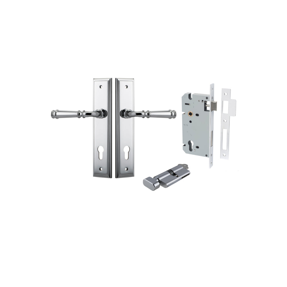 Door Lever Verona Stepped Euro Polished Chrome CTC85mm H240xW50xP59mm Entrance Kit Mortice Lock Euro Polished Chrome CTC85mm Backset 60mm, Euro Cylinder Key Thumb 6 Pin Polished Chrome L70mm KA1 in Polished Chrome