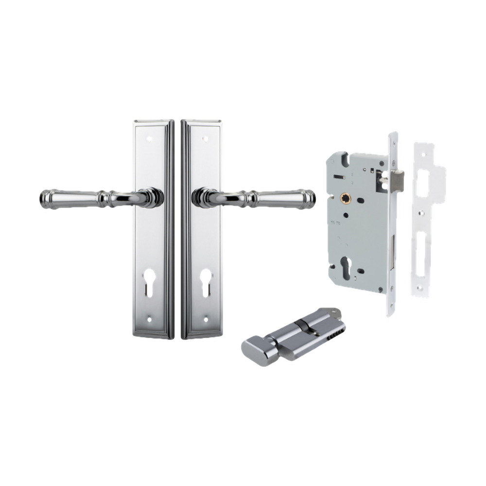 Door Lever Verona Stepped Euro Polished Chrome CTC85mm H240xW50xP59mm Entrance Kit Mortice Lock Euro Polished Chrome CTC85mm Backset 60mm, Euro Cylinder Key Thumb 6 Pin Polished Chrome L70mm KA1 in Polished Chrome