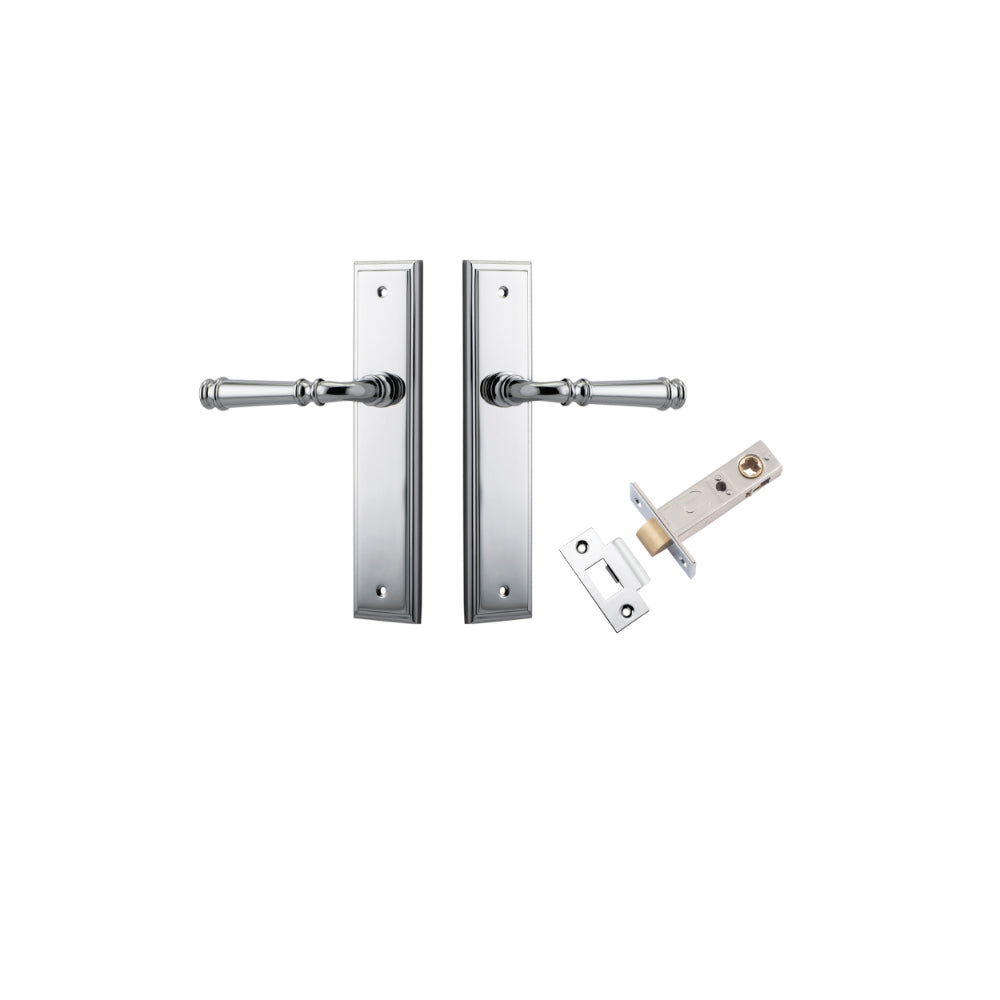 Door Lever Verona Stepped Latch Polished Chrome H240xW50xP59mm Passage Kit Tube Latch Split Cam 'T' Striker Polished Chrome Backset 60mm in Polished Chrome