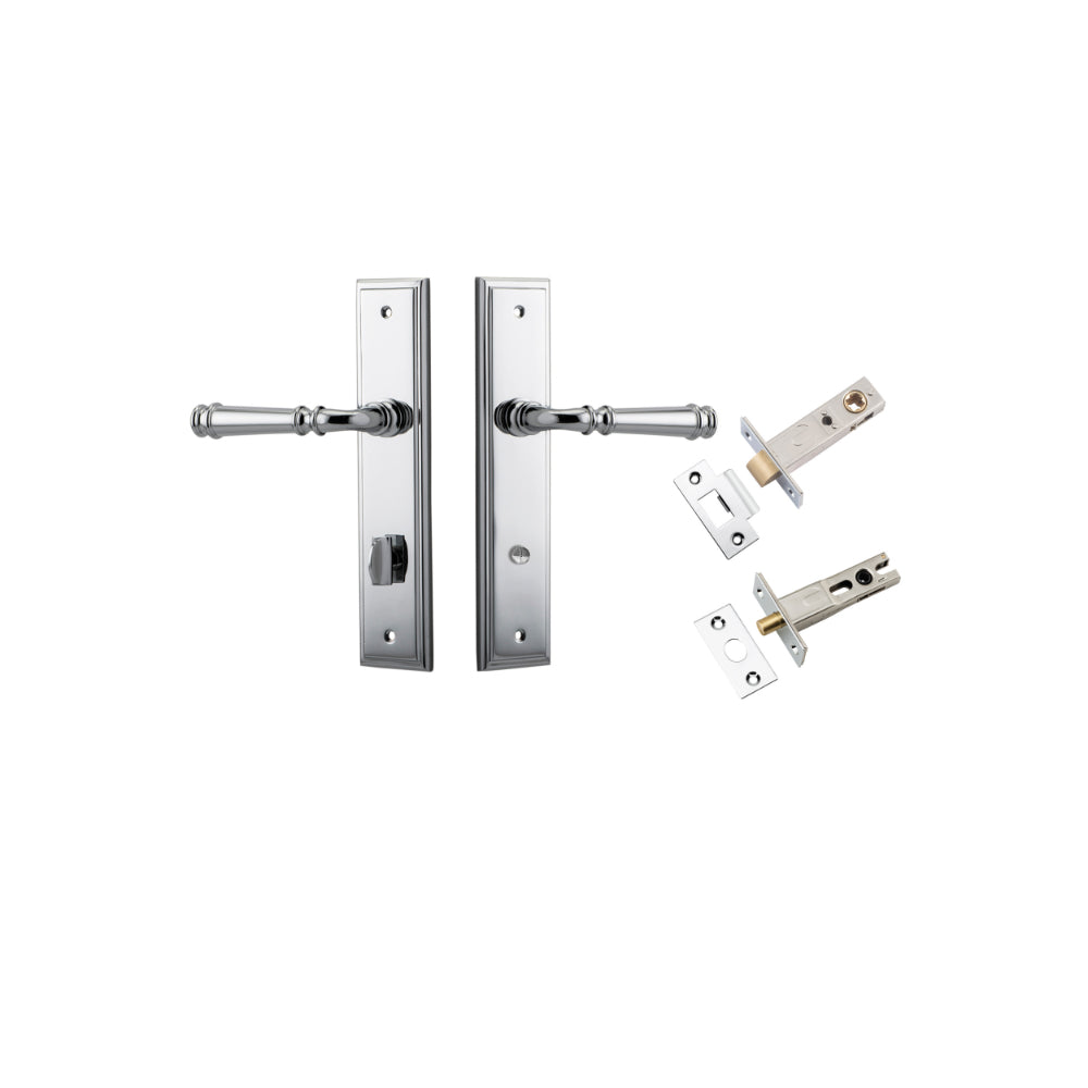 Door Lever Verona Stepped Privacy Polished Chrome CTC85mm H240xW50xP59mm Inbuilt Privacy Kit Tube Latch Split Cam 'T' Striker Polished Chrome Backset 60mm, Privacy Bolt Round Bolt Polished Chrome Backset 60mm in Polished Chrome