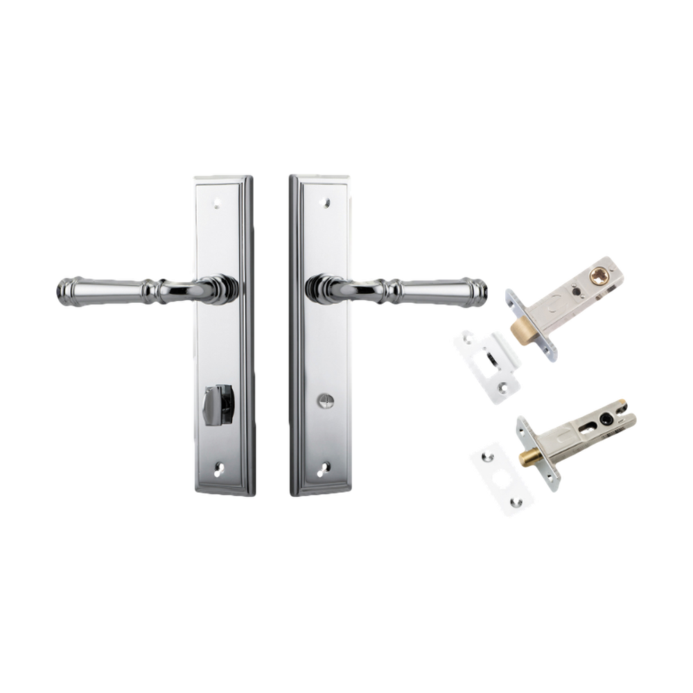 Door Lever Verona Stepped Privacy Polished Chrome CTC85mm H240xW50xP59mm Inbuilt Privacy Kit Tube Latch Split Cam 'T' Striker Polished Chrome Backset 60mm, Privacy Bolt Round Bolt Polished Chrome Backset 60mm in Polished Chrome