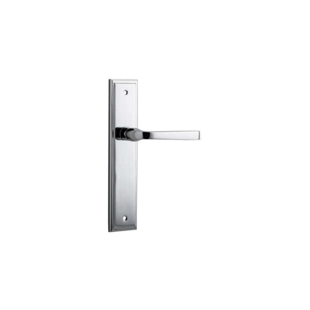 Pair of Iver Annecy lever handles on stepped backplates, featuring elegant brass finish and modern design for doors.