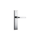 Pair of Iver Annecy lever handles on stepped backplates, featuring elegant brass finish and modern design for doors.