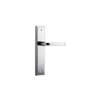 Pair of Iver Annecy lever handles on stepped backplates, featuring elegant brass finish and modern design for doors.