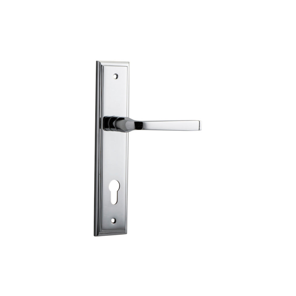 Pair of Iver Annecy lever handles on stepped backplates, featuring elegant design and polished finish for classic door hardware.