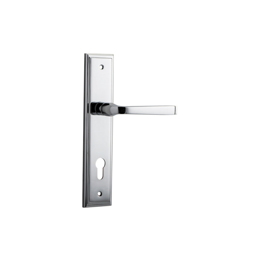 Door Lever Annecy Stepped Euro Polished Chrome CTC85mm H237xW50xP65mm in Polished Chrome
