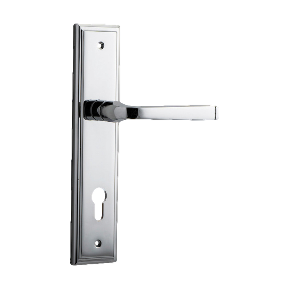 Door Lever Annecy Stepped Euro Polished Chrome CTC85mm H237xW50xP65mm in Polished Chrome