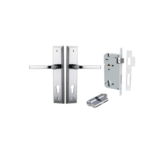 Door Lever Annecy Stepped Euro Polished Chrome CTC85mm H240xW50xP65mm Entrance Kit, Mortice Lock Euro Polished Chrome CTC85mm Backset 60mm, Euro Cylinder Dual Function 5 Pin Polished Chrome L65mm KA1 in Polished Chrome