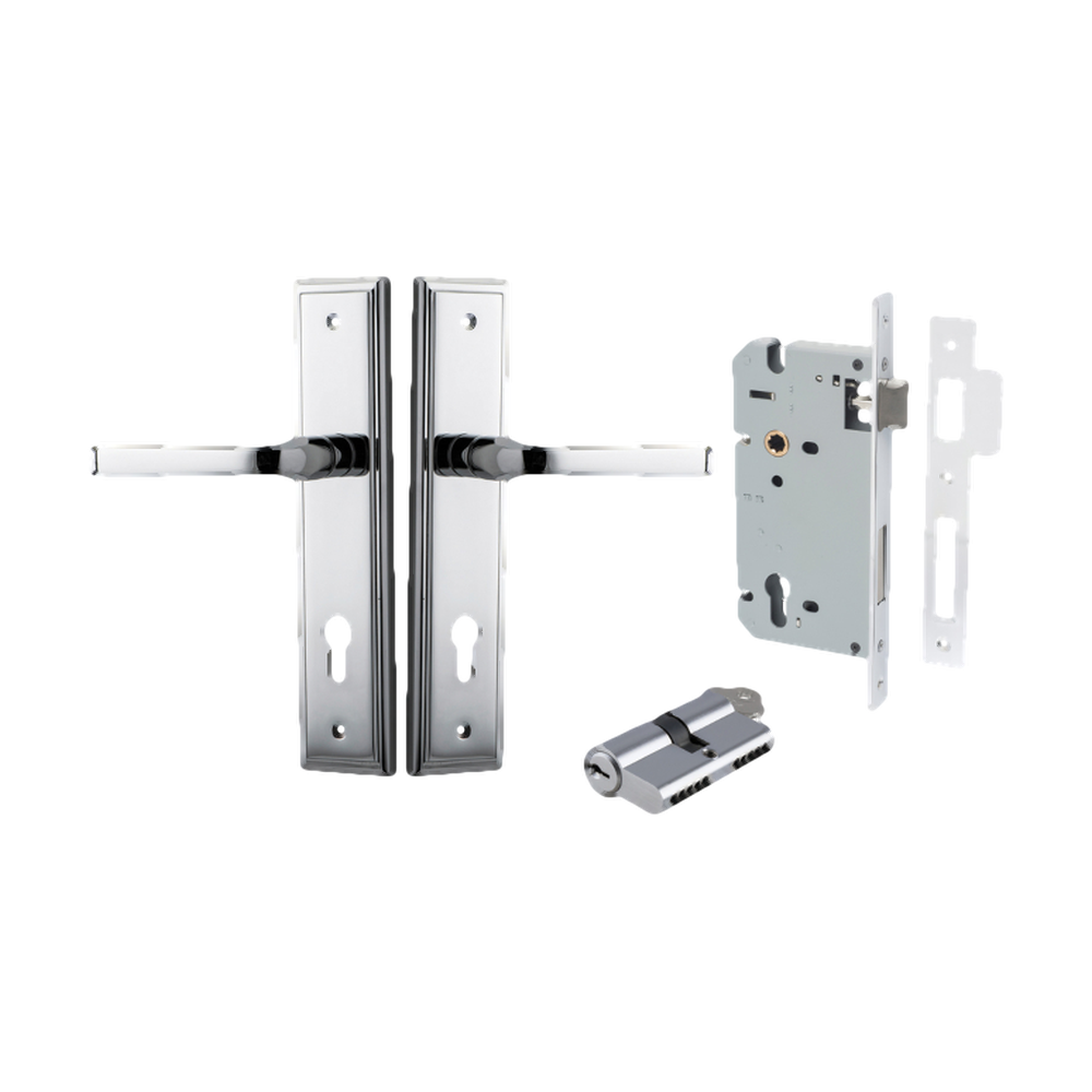 Door Lever Annecy Stepped Euro Polished Chrome CTC85mm H240xW50xP65mm Entrance Kit Mortice Lock Euro Polished Chrome CTC85mm Backset 60mm, Euro Cylinder Dual Function 5 Pin Polished Chrome L65mm KA1 in Polished Chrome