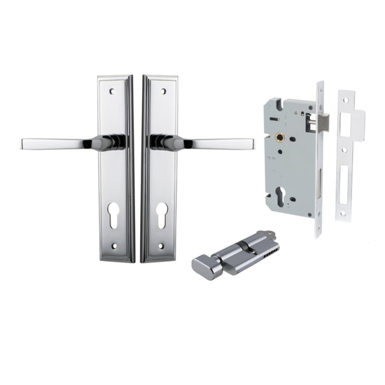 Door Lever Annecy Stepped Euro Polished Chrome CTC85mm H240xW50xP65mm Entrance Kit, Mortice Lock Euro Polished Chrome CTC85mm Backset 60mm, Euro Cylinder Key Thumb 6 Pin Polished Chrome L70mm KA1 in Polished Chrome