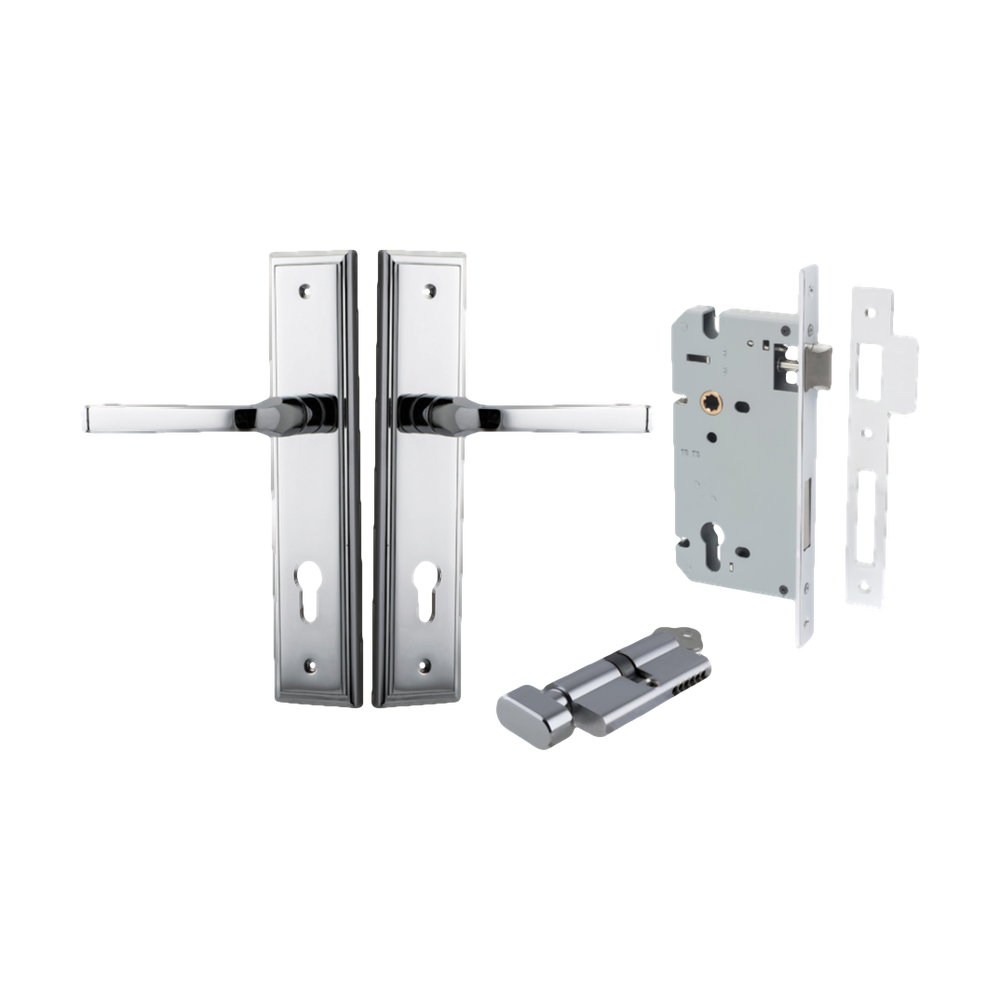 Door Lever Annecy Stepped Euro Polished Chrome CTC85mm H240xW50xP65mm Entrance Kit Mortice Lock Euro Polished Chrome CTC85mm Backset 60mm, Euro Cylinder Key Thumb 6 Pin Polished Chrome L70mm KA1 in Polished Chrome