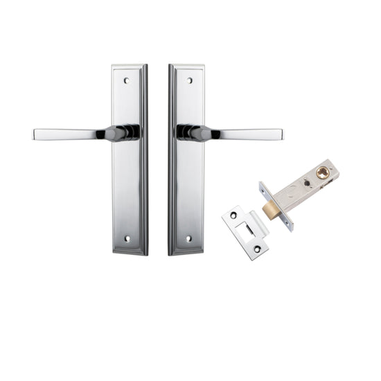 Door Lever Annecy Stepped Latch Polished Chrome H240xW50xP65mm Passage Kit, Tube Latch Split Cam 'T' Striker Polished Chrome Backset 60mm in Polished Chrome