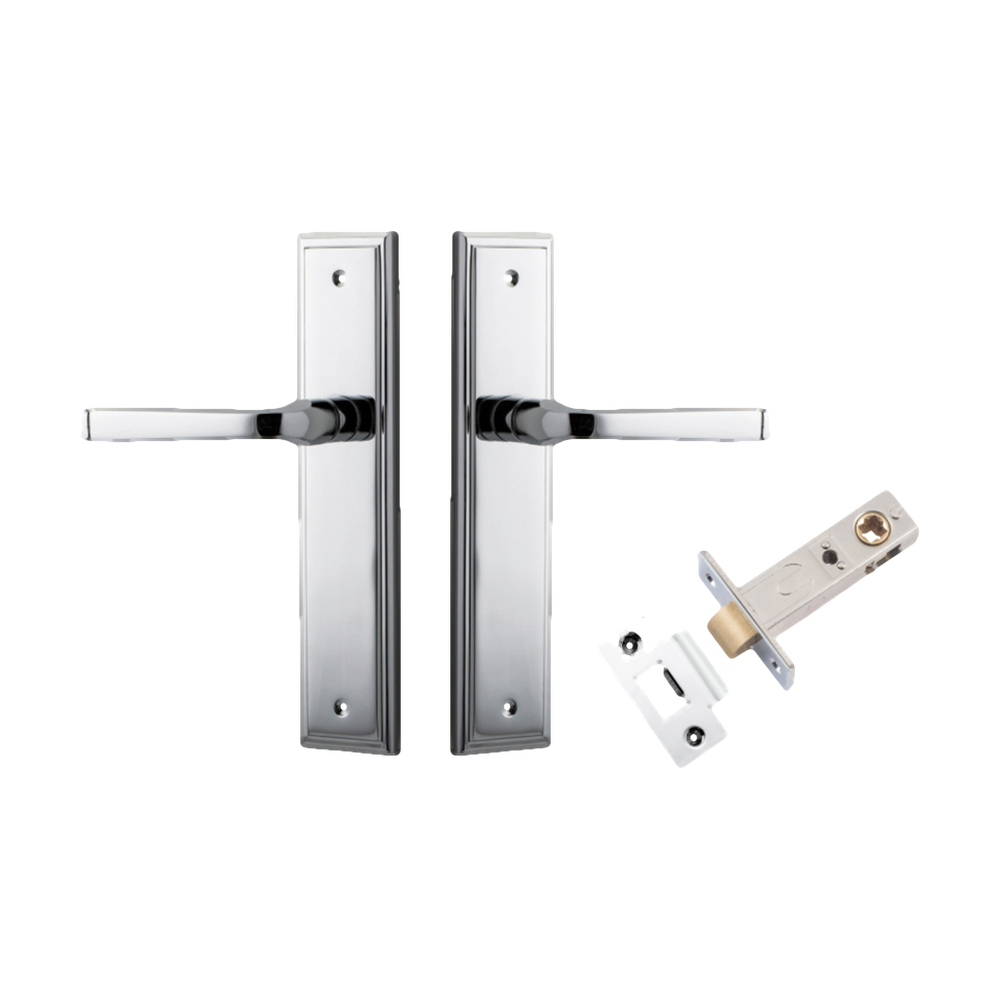 Door Lever Annecy Stepped Latch Polished Chrome H240xW50xP65mm Passage Kit Tube Latch Split Cam 'T' Striker Polished Chrome Backset 60mm in Polished Chrome