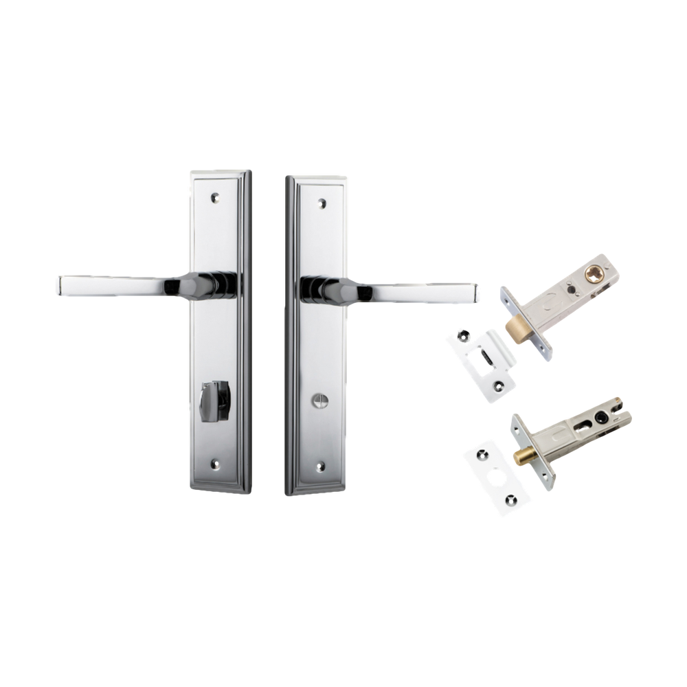 Door Lever Annecy Stepped Privacy Polished Chrome CTC85mm H240xW50xP65mm Inbuilt Privacy Kit Tube Latch Split Cam 'T' Striker Polished Chrome Backset 60mm, Privacy Bolt Round Bolt Polished Chrome Backset 60mm in Polished Chrome