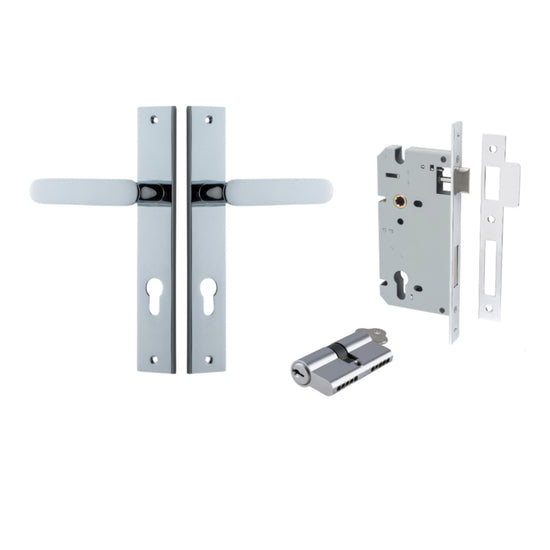 Door Lever Bronte Rectangular Euro Pair Polished Chrome CTC85mm L117xP53mm BPH240xW38mm, Mortice Lock Euro Polished Chrome CTC85mm Backset 60mm, Euro Cylinder Dual Function 5 Pin Polished Chrome 65mm KA4 in Polished Chrome