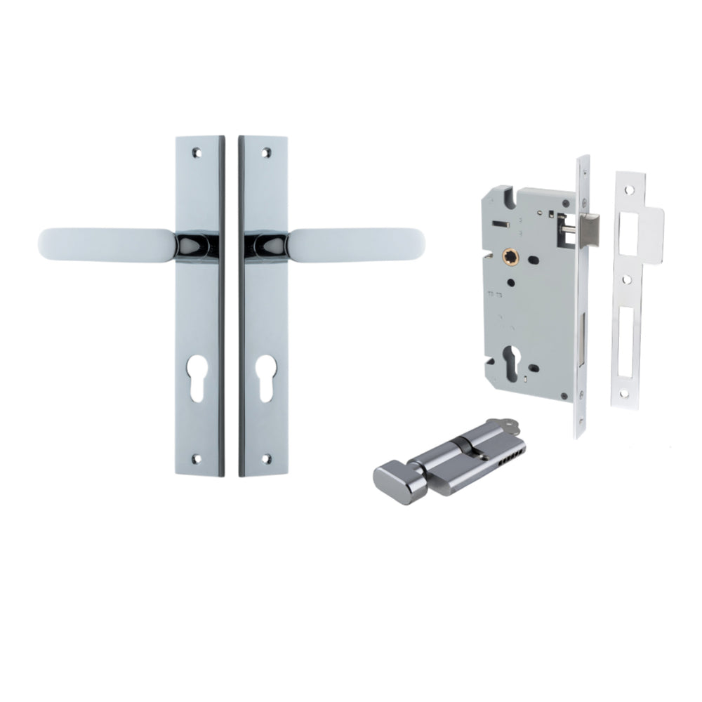 Door Lever Bronte Rectangular Euro Pair Polished Chrome CTC85mm L117xP53mm BPH240xW38mm, Mortice Lock Euro Polished Chrome CTC85mm Backset 60mm, Euro Cylinder Key Thumb 5 Pin Polished Chrome 65mm KA4 in Polished Chrome