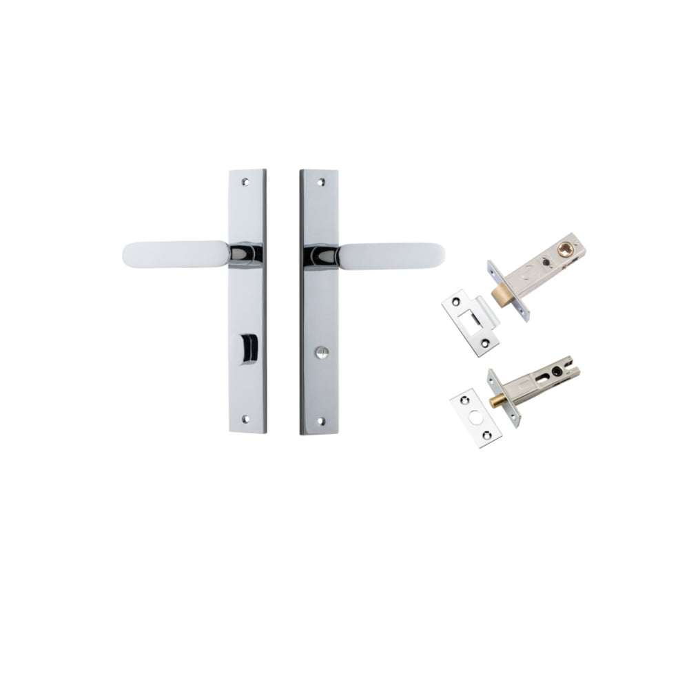 Door Lever Bronte  on Long Backplate Privacy Polished Chrome CTC85mm L117xP53mm BPH240xW38mm Privacy Kit, Tube Latch Split Cam 'T' Striker Polished Chrome Backset 60mm, Privacy Bolt Round Bolt Polished Chrome Backset 60mm in Polished Chrome