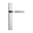 Pair of Iver Brunswick lever door handles on rectangular backplates, featuring a sleek, modern design with a polished finish.